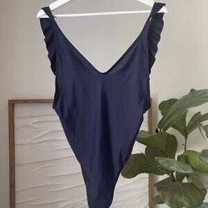 Women's AERIE Navy Blue One Piece Cheekiest Ruffle Swimsuit Bathing Suit Medium